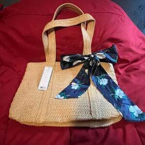 Draper James Everyday Straw Tote Bag with Blue Floral Scarf